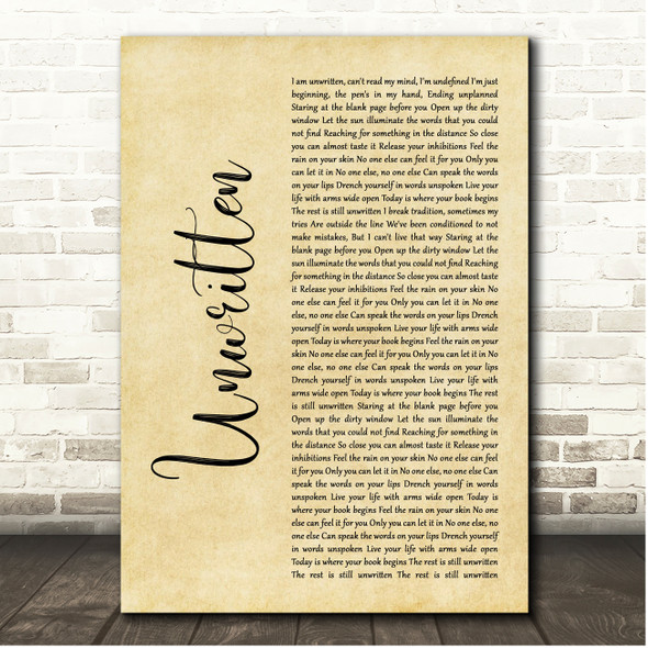 Natasha Bedingfield Unwritten Rustic Script Song Lyric Print