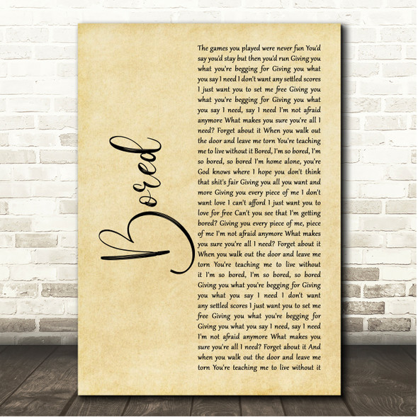 Billie Eilish Bored Rustic Script Song Lyric Print