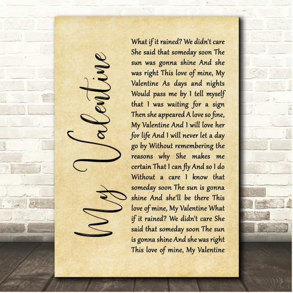 Paul McCartney My Valentine Rustic Script Song Lyric Print