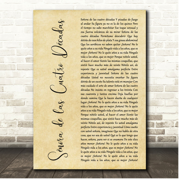 Ricardo Arjona Señora de las Cuatro Décadas Rustic Script Song Lyric Print