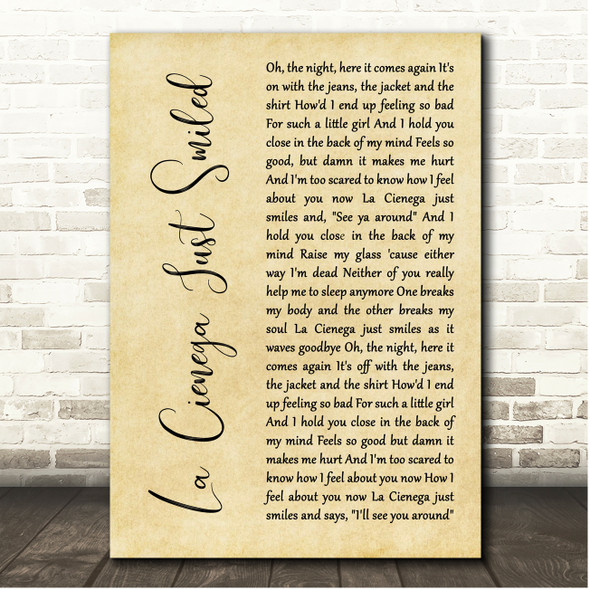 Ryan Adams La Cienega Just Smiled Rustic Script Song Lyric Print