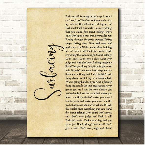 Slipknot Surfacing Rustic Script Song Lyric Print