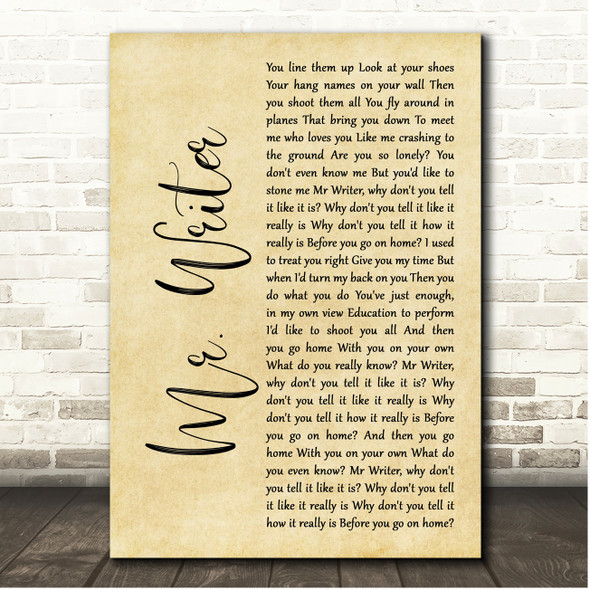 Stereophonics Mr. Writer Rustic Script Song Lyric Print