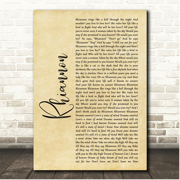 Stevie Nicks Rhiannon Rustic Script Song Lyric Print