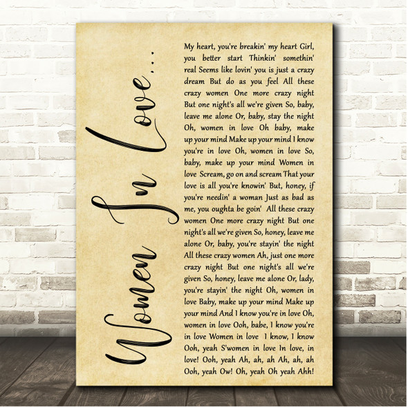 Van Halen Women In Love Rustic Script Song Lyric Print
