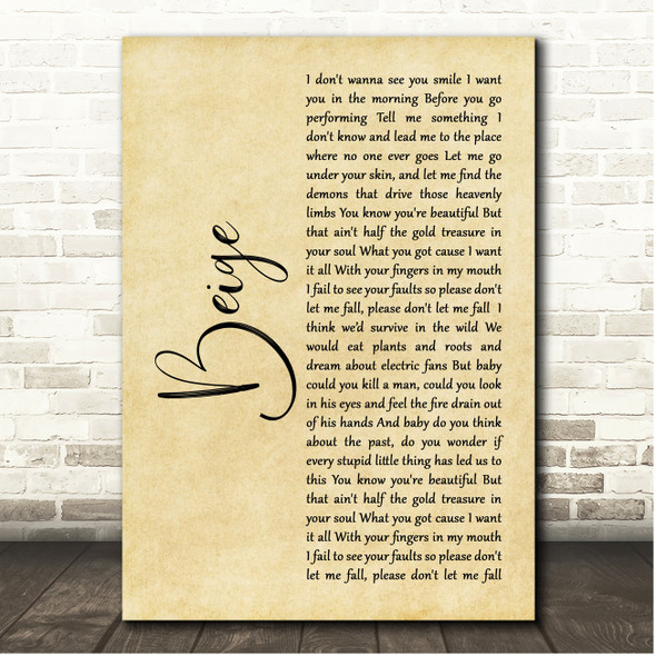 Yoke Lore Beige Rustic Script Song Lyric Print