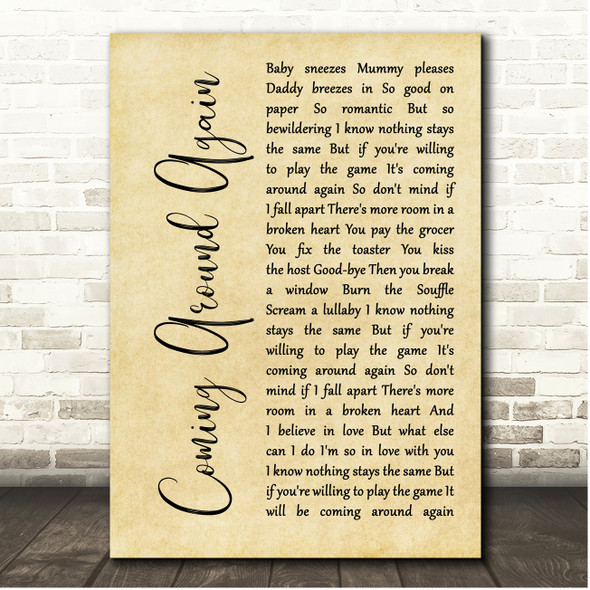 Carly Simon Coming Around Again Rustic Script Song Lyric Print