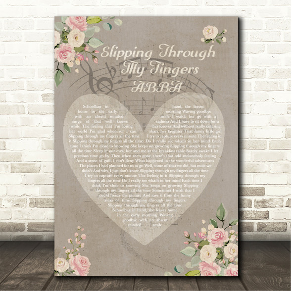 ABBA Slipping Through My Fingers Shabby Chic Floral Heart Grey Song Lyric Print