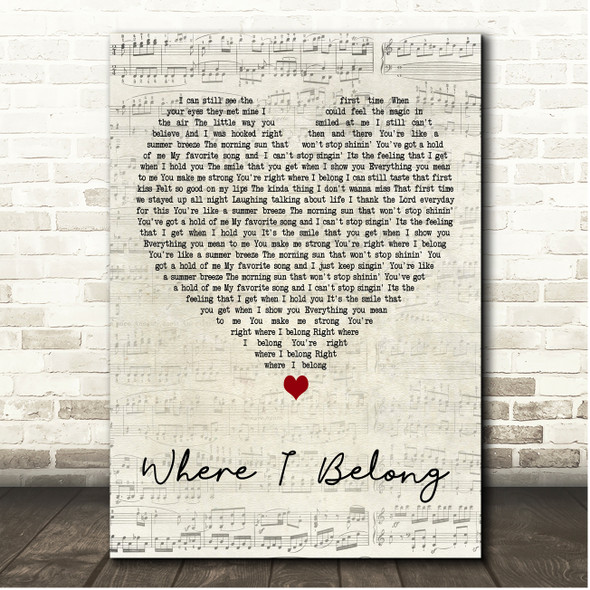Justin Lee Where I Belong Script Heart Song Lyric Print