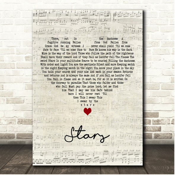 Les Miserables Stars Script Heart Song Lyric Print