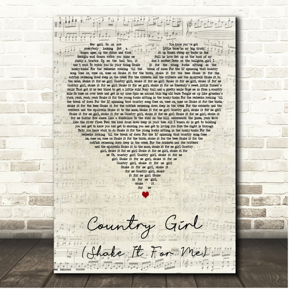 Luke Bryan Country Girl (Shake It For Me) Script Heart Song Lyric Print