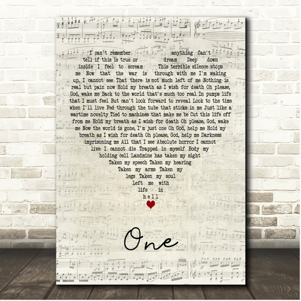 Metallica One Script Heart Song Lyric Print