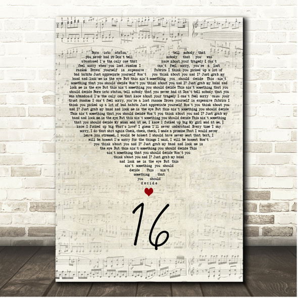 Baby Keem 16 Script Heart Song Lyric Print