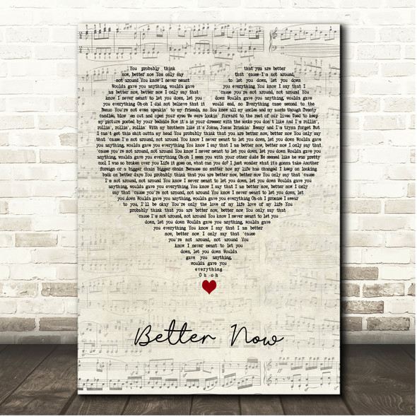 Post Malone Better Now Script Heart Song Lyric Print