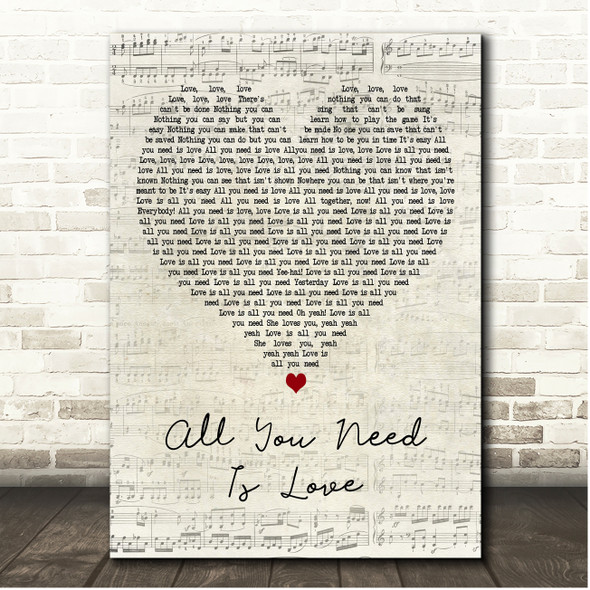 The Beatles All You Need Is Love Script Heart Song Lyric Print
