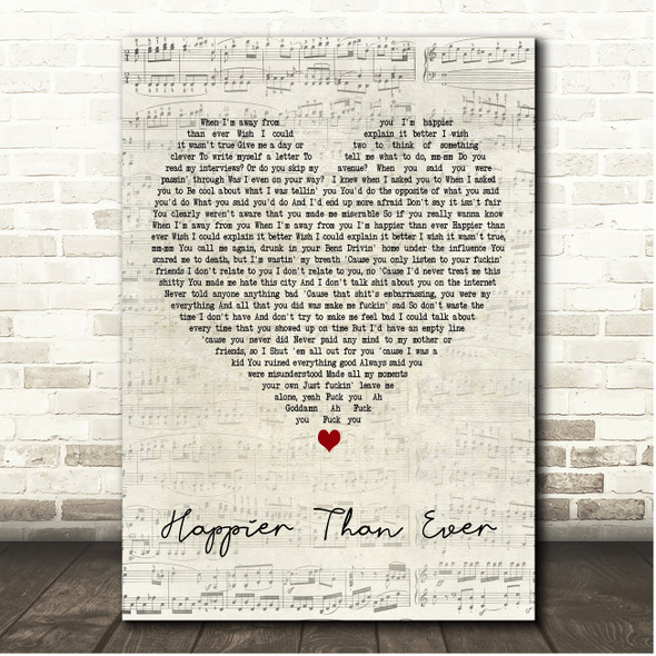 Billie Eilish Happier Than Ever Script Heart Song Lyric Print