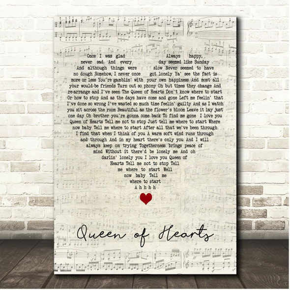 Gregg Allman Queen of Hearts Script Heart Song Lyric Print