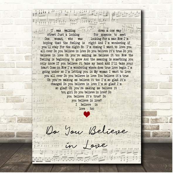 Huey Lewis & The News Do You Believe in Love Script Heart Song Lyric Print