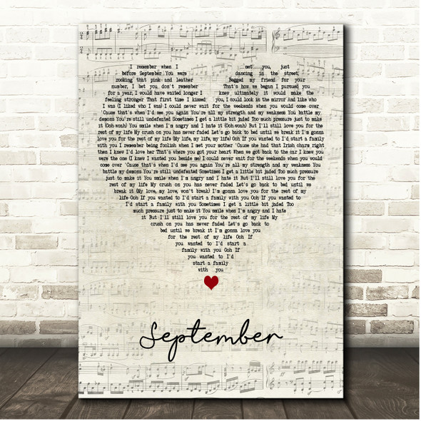 James Arthur September Script Heart Song Lyric Print