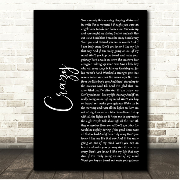 Pat Green Crazy Black Script Song Lyric Print
