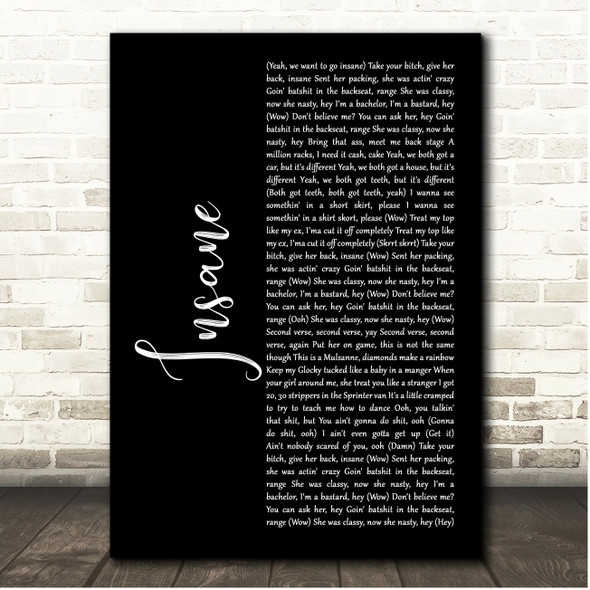 Post Malone Insane Black Script Song Lyric Print