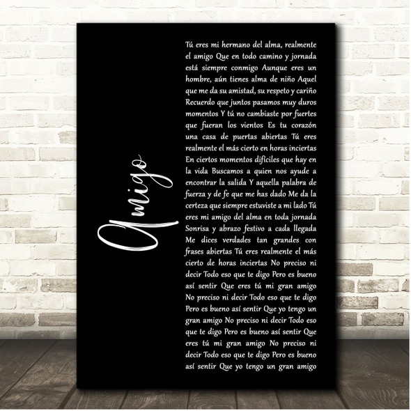 Roberto Carlos Amigo Black Script Song Lyric Print