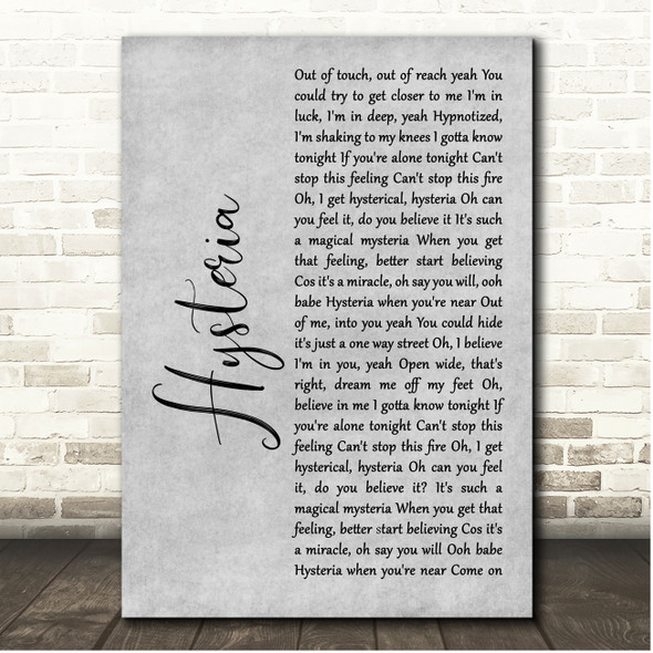 Def Leppard Hysteria Grey Rustic Script Song Lyric Print