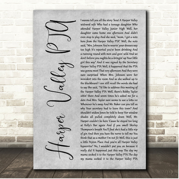 Jeannie C. Riley Harper Valley PTA Grey Rustic Script Song Lyric Print