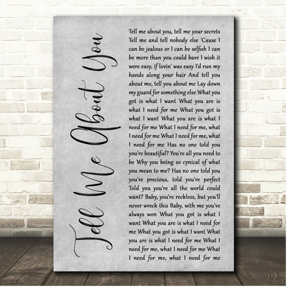 Kina, Mishaal Tell Me About You Grey Rustic Script Song Lyric Print
