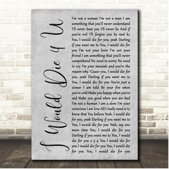 Prince I Would Die 4 U Grey Rustic Script Song Lyric Print