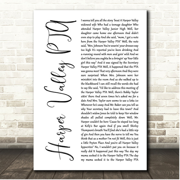 Jeannie C. Riley Harper Valley PTA White Script Song Lyric Print