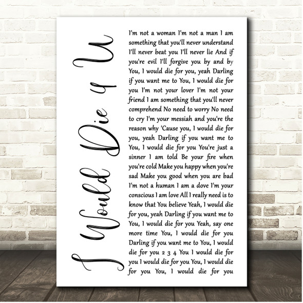 Prince I Would Die 4 U White Script Song Lyric Print