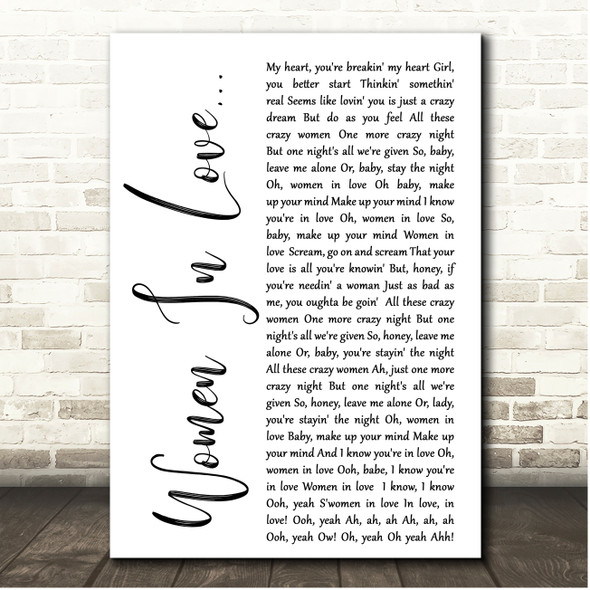 Van Halen Women In Love White Script Song Lyric Print