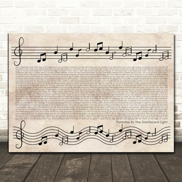 Meat Loaf Paradise By The Dashboard Light Vintage Music Notes Script Song Lyric Print