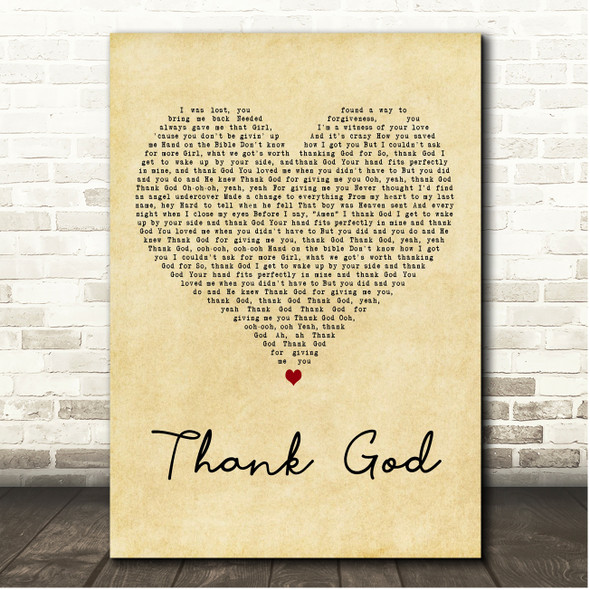 Kane Brown & Katelyn Brown Thank God Vintage Heart Song Lyric Print