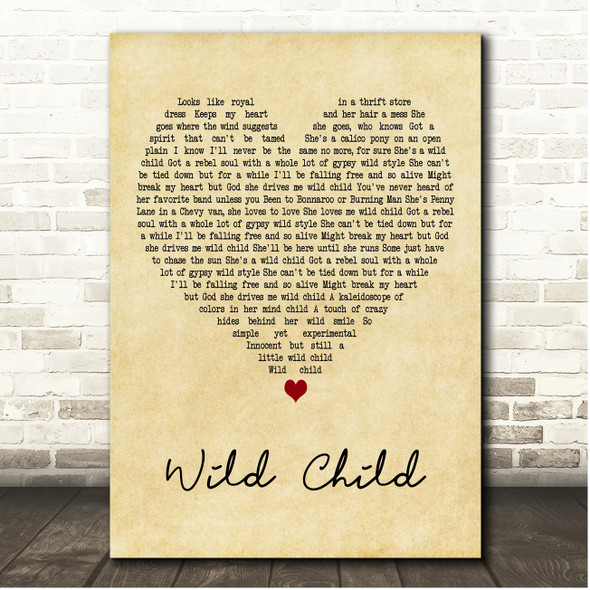 Kenny Chesney Wild Child Vintage Heart Song Lyric Print