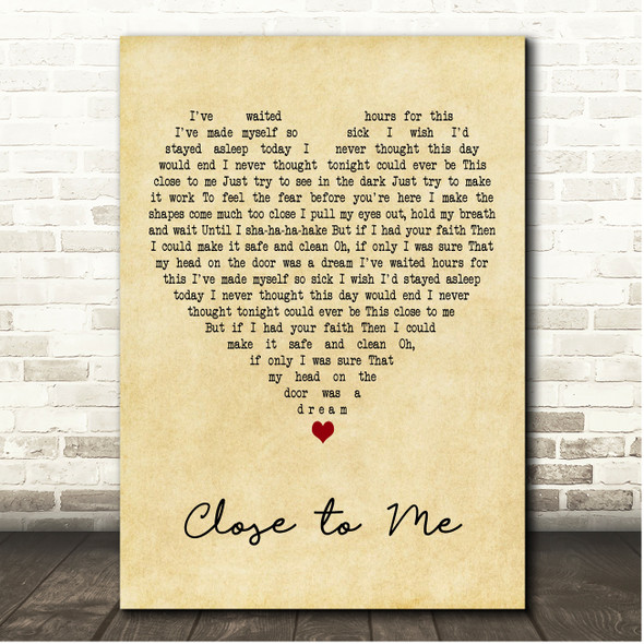 The Cure Close to Me Vintage Heart Song Lyric Print