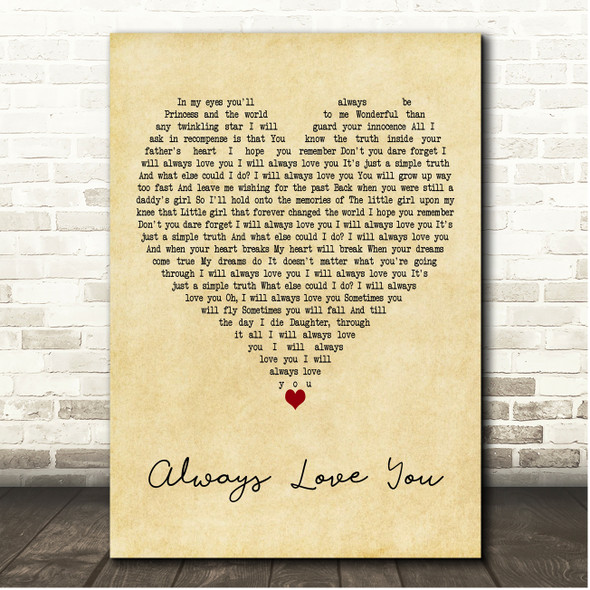 Tyrone Wells Always Love You Vintage Heart Song Lyric Print