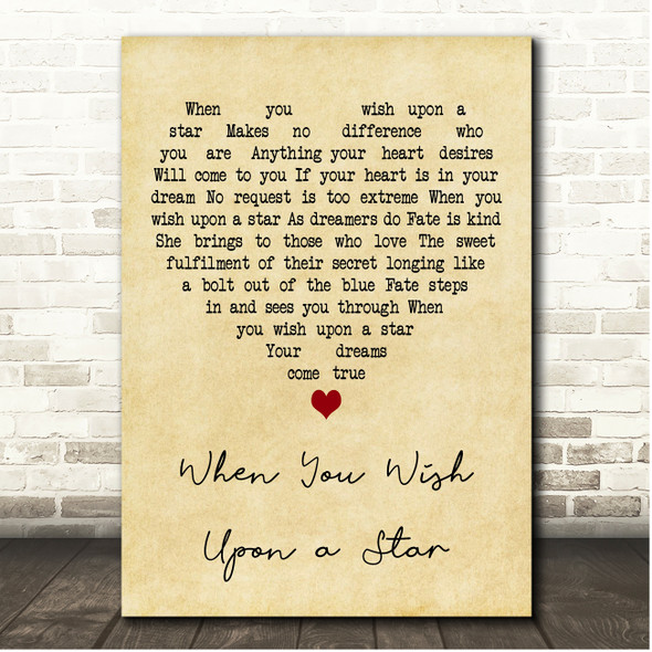 Cliff Edwards When You Wish Upon a Star Vintage Heart Song Lyric Print