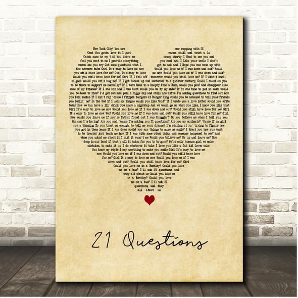 50 Cent 21 Questions Vintage Heart Song Lyric Print