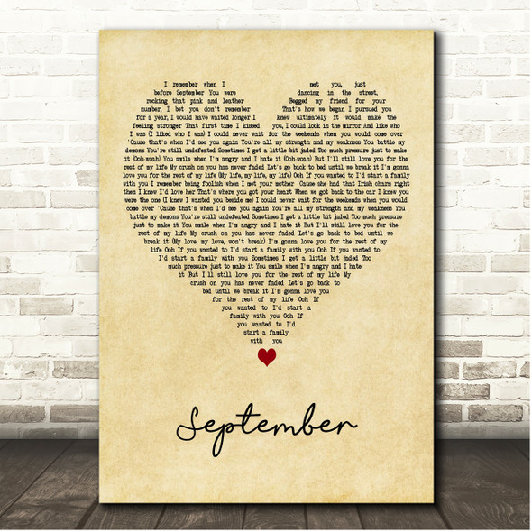 James Arthur September Vintage Heart Song Lyric Print
