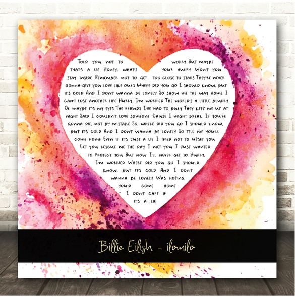 Billie Eilish ilomilo Watercolour Paint Heart Square Song Lyric Print