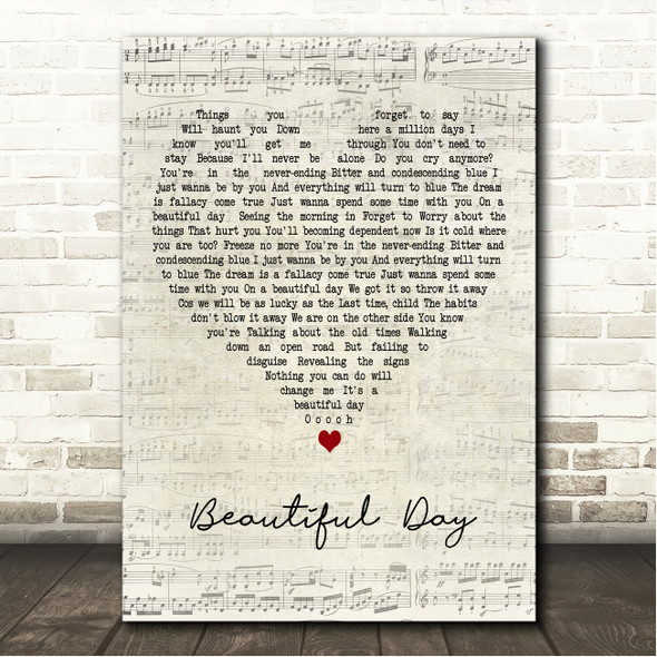 3 Colours Red Beautiful Day Script Heart Song Lyric Wall Art Print