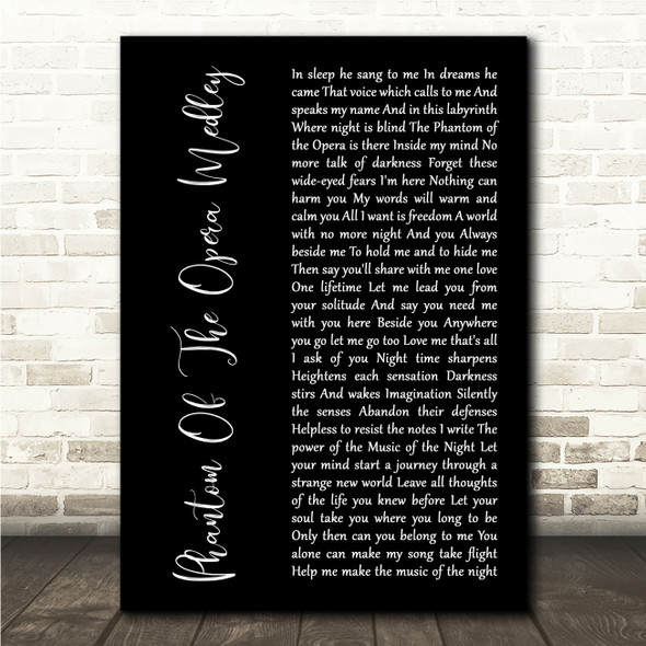 Andrew Lloyd Webber Phantom Of The Opera Medley Black Script Song Lyric Wall Art Print