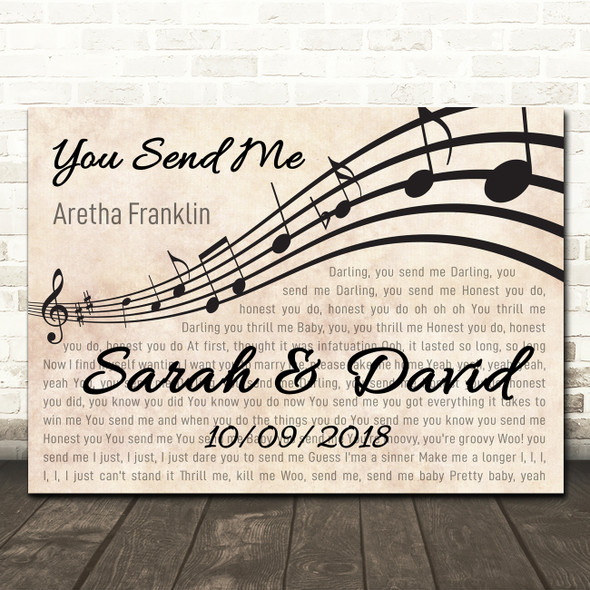 Aretha Franklin You Send Me Landscape Wavy Music Notes Song Lyric Wall Art Print