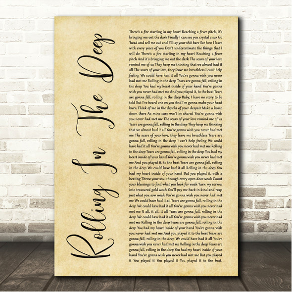 Adele Rolling In The Deep Rustic Script Song Lyric Wall Art Print