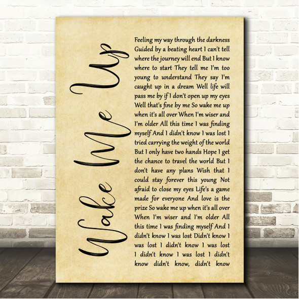 Avicii Wake Me Up Rustic Script Song Lyric Wall Art Print