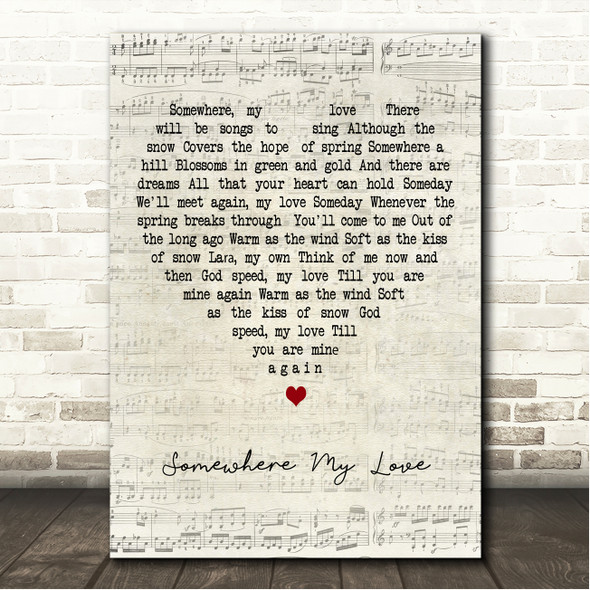 Andy Williams Somewhere My Love Script Heart Song Lyric Wall Art Print
