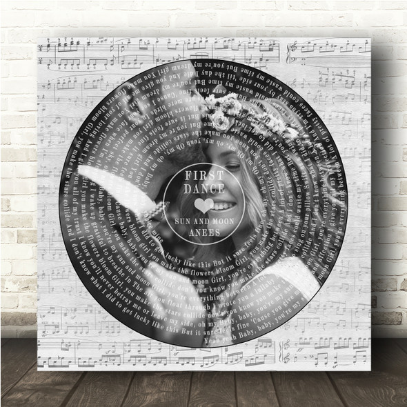 anees sun and moon Square Vinyl Record Wedding Photo Grey Script Song Lyric Wall Art Print