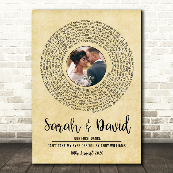 Andy Williams Can't Take My Eyes Off You Vintage Vinyl Record Wedding First Dance Photo Song Lyric Wall Art Print